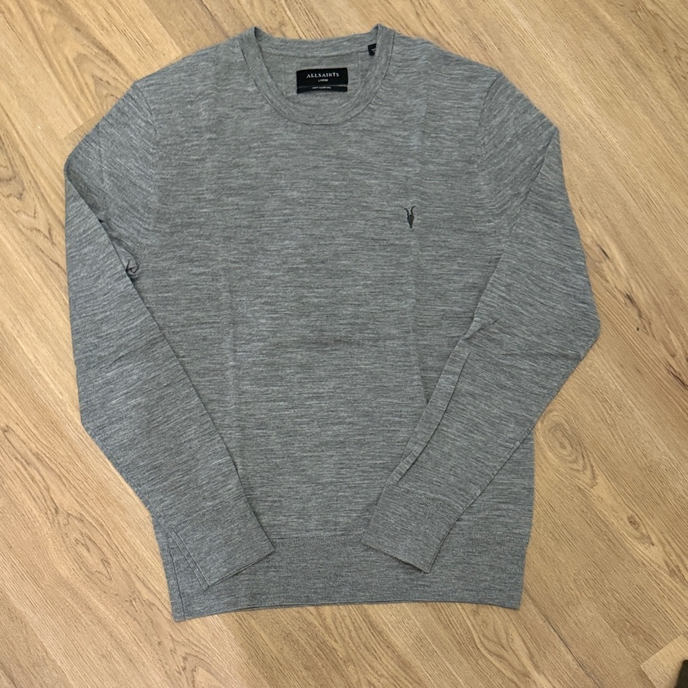 All Saints Charcoal Crewneck Marino Wool Sweater
